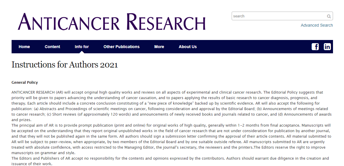 anticancer research article processing charge